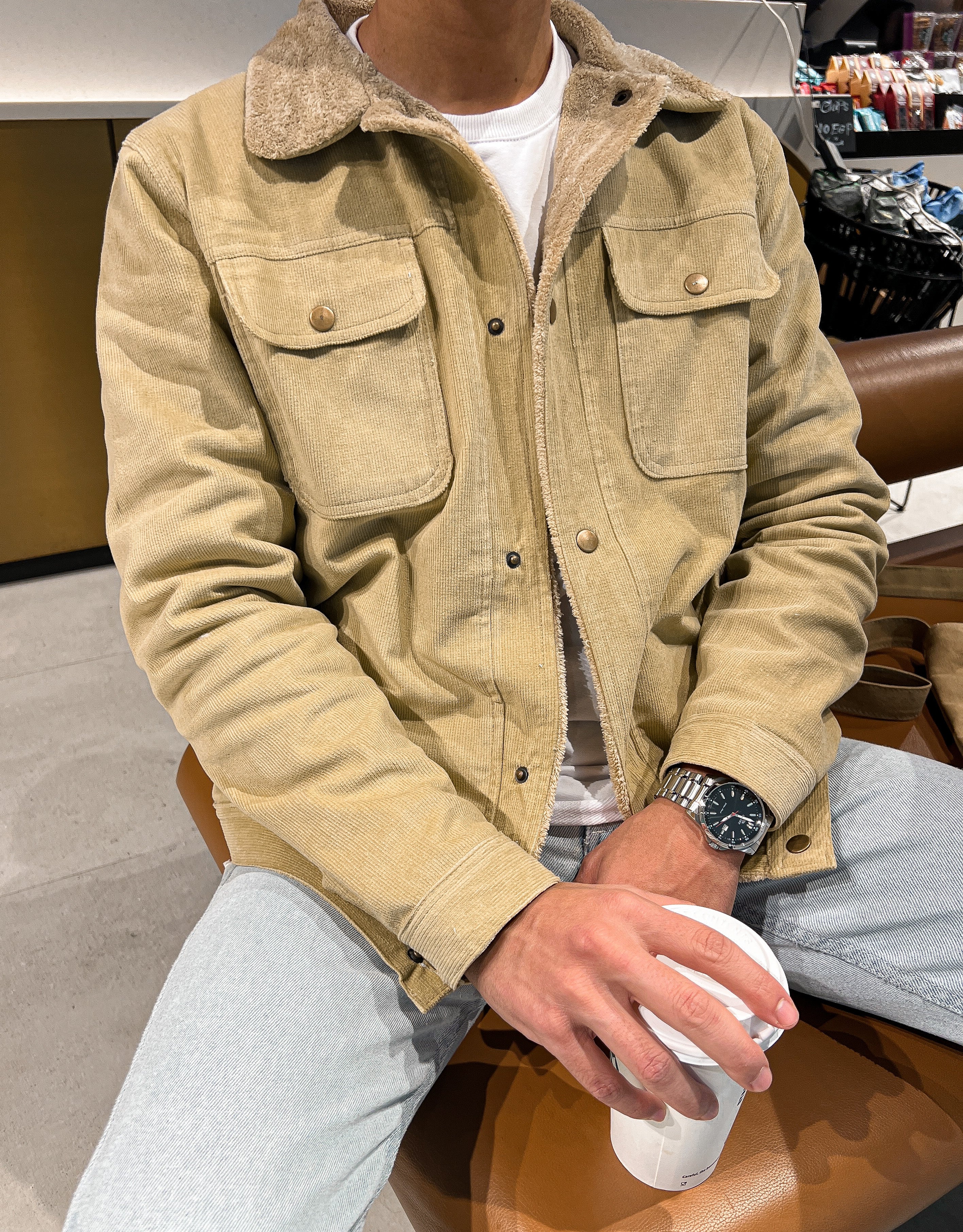 FLEECE-LINED CORDUROY JACKET BEIGE - Image 2